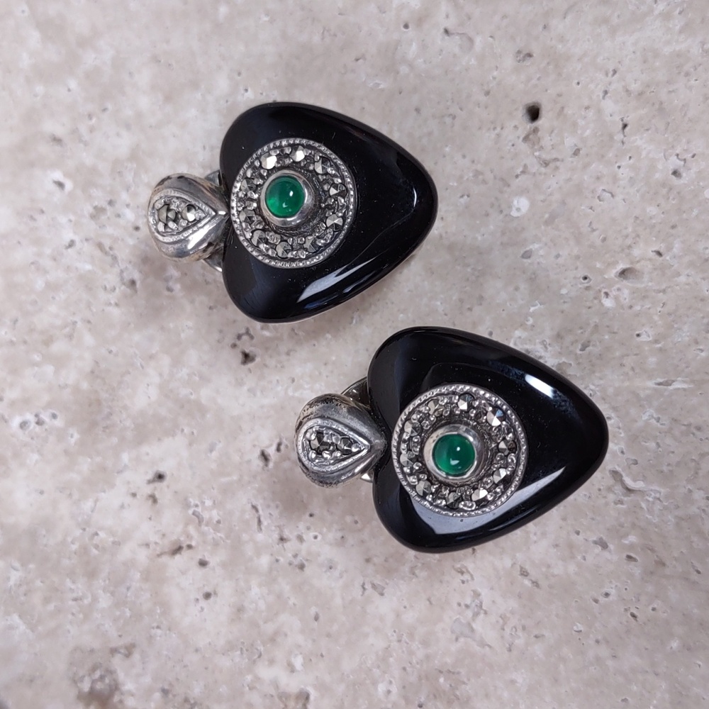 Vintage Creations Onyx/Emerald/Marcasite Earrings
